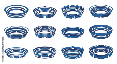 A collection of twelve stylized blue and white vector icons of sports stadiums and arenas in an isometric perspective.