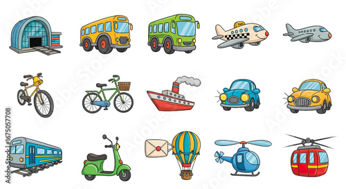A diverse set of colorful cartoon transportation icons, including cars, planes, trains, and bicycles.