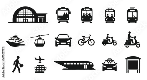 Public transportation and travel icon set in a solid black graphic silhouette style.