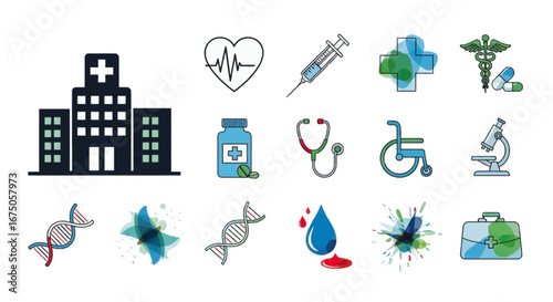 Colorful flat outline medical and healthcare icons set, depicting health services and science.
