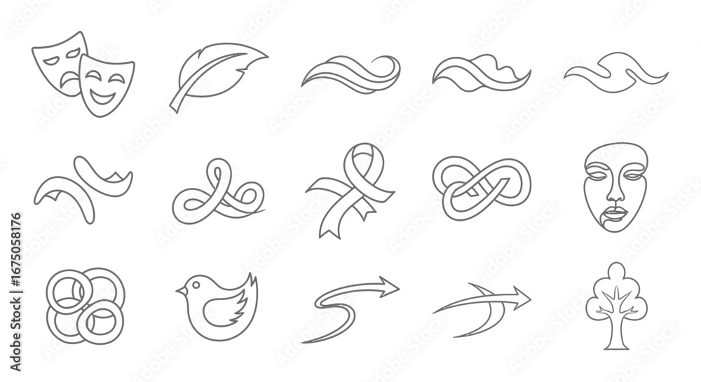 Obraz premium Collection of Line Art Icons: Masks, Ribbon, Bird, Tree, and More