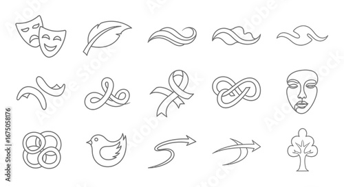 Collection of Line Art Icons: Masks, Ribbon, Bird, Tree, and More