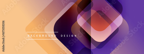 Abstract geometric shapes overlap. Warm orange transitions to cool purple. Modern design elements create dynamic visual texture.