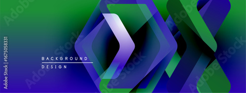 Abstract geometric layers create vibrant gradient background. Modern design utilizes overlapping shapes, cool tones.