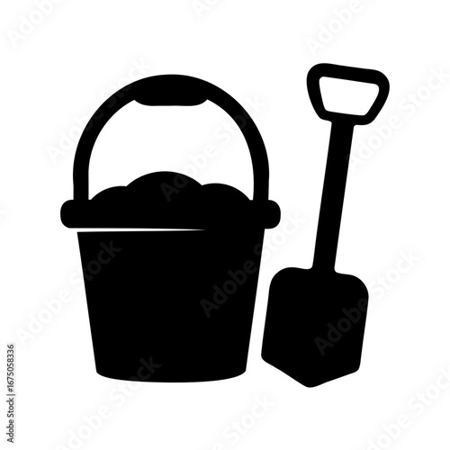 Illustration of a bucket filled with dirt and a shovel next to it