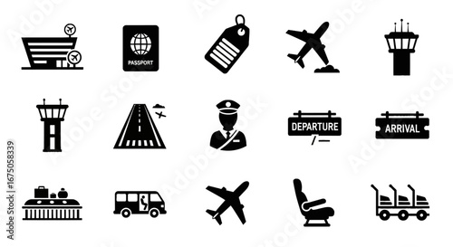 Fifteen crisp black silhouette icons depicting airport infrastructure, travel essentials, and aviation elements.