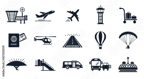 Diverse Collection of Aviation and Travel Icons Representing Transportation and Leisure