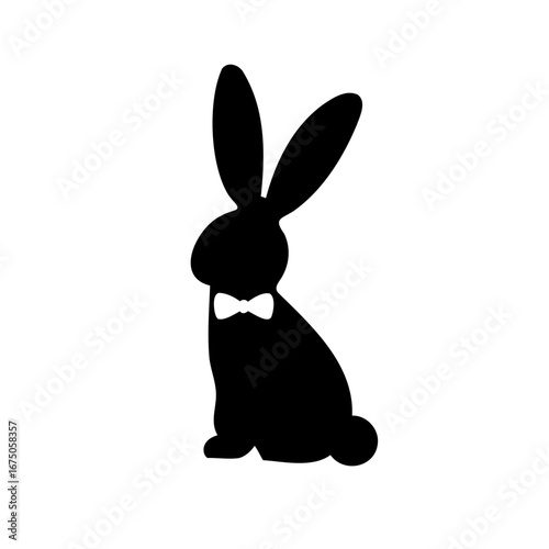 Elegant black silhouette of a rabbit wearing a bow tie on white