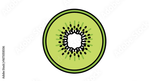 Stylized cross-section of a vibrant green kiwi fruit with black seeds