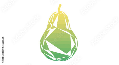 Geometric low-poly pear illustration with a yellow to green watercolor gradient and faceted design.