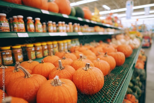 Orange Pumpkins Displayed On Grocery Store Shelves