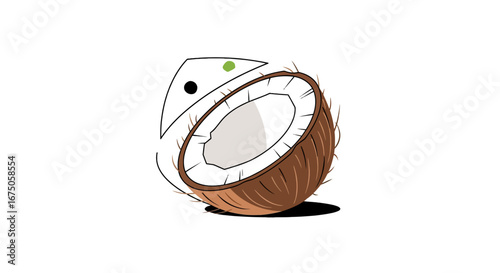 A whimsical cartoon robot with mismatched eyes peeking over a split, hairy brown coconut.