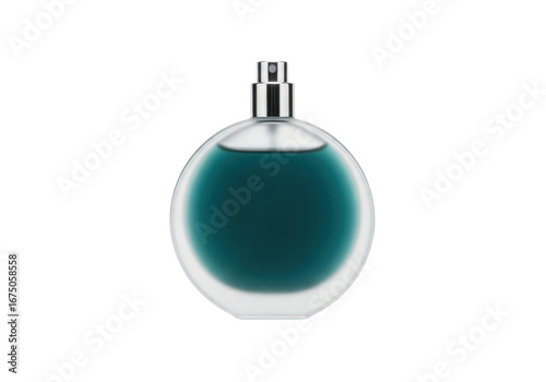Elegant Round Blue Glass Perfume Bottle with Silver Top on Transparent Background