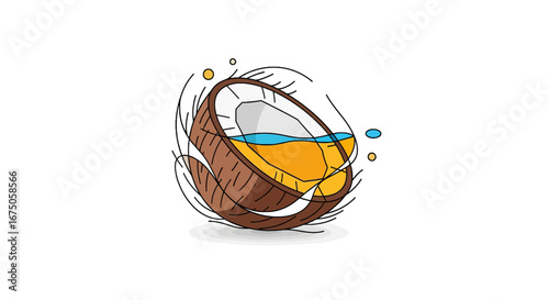 Vibrant stylized coconut half with yellow and blue liquid, cartoon illustration, tropical fruit