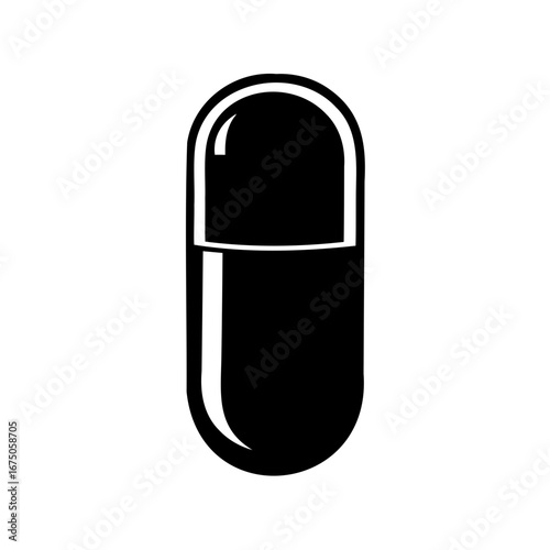 A solitary black and white illustration of a medication capsule symbol