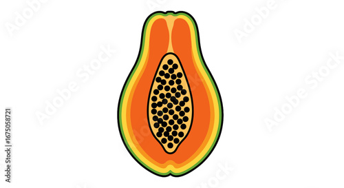 Vibrant graphic illustration of a ripe papaya, sliced vertically to reveal orange flesh and black seeds.
