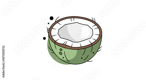 Stylized cartoon illustration of a fresh green coconut, split open to reveal its white meat and brown shell.