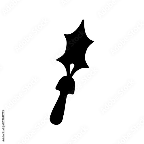 Silhouette of whimsical magical staff with leaf or flame design and bulbous handle