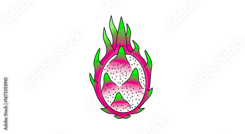 Vibrant Pink and Green Dragon Fruit Illustration with White Flesh and Black Seeds