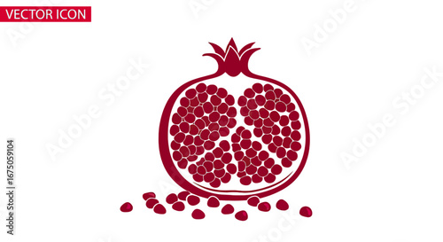 Stylized Pomegranate Half with Rich Red Arils and Scattered Seeds Illustration
