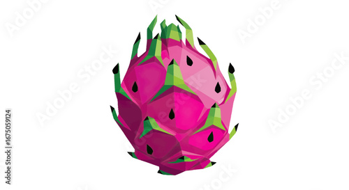 Vibrant pink and green dragon fruit illustration in a modern, geometric low-poly style.