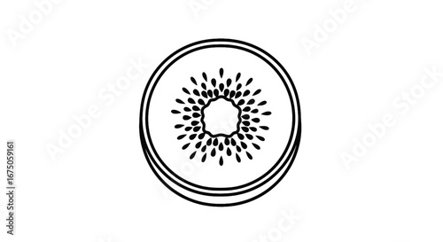A minimalist black and white line art icon of a sliced kiwi fruit with radiating seeds.