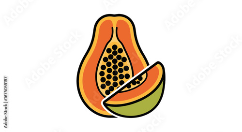 Bold outline illustration of a halved orange papaya with black seeds and a green-skinned slice.