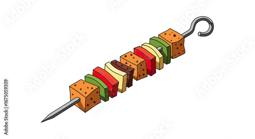 Colorful Skewered Food with Cubed Ingredients and Metal Skewer