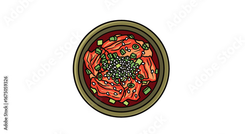 Vibrant Kimchi Bowl with Green Onions and Sesame Seeds Illustration