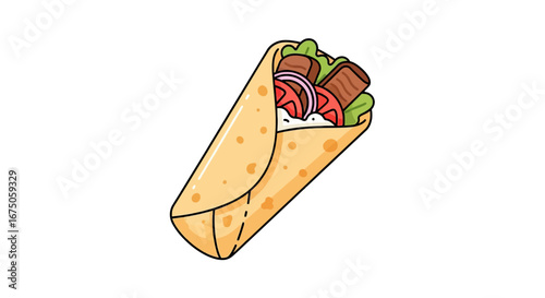 Cartoon style delicious shawarma wrap with meat, lettuce, tomato, onion, and sauce.