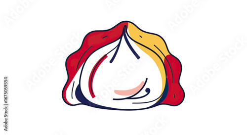 Colorful abstract illustration of a single Asian dumpling with red and yellow pleats.