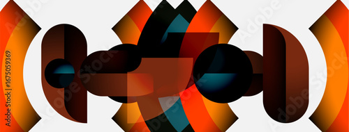 Abstract geometric composition. Orange, brown, teal shapes intersect. Minimalist design, symmetrical elements create visual interest.