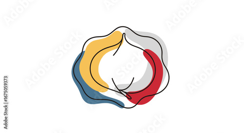 Artistic single line drawing of a garlic bulb with abstract yellow, blue, and red color shapes.