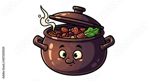 Cartoon Pot with Face, Stew, and Open Lid with Steam
