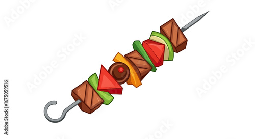 Colorful cartoon illustration of a grilled meat and vegetable kebab on a metal skewer.