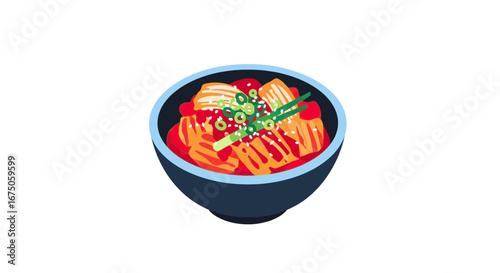 Vibrant red and orange kimchi in a dark blue bowl, topped with green scallions and white sesame seeds.