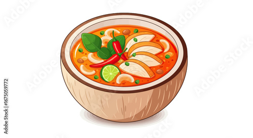 Delicious Tom Yum Soup in Coconut Bowl: Spicy Chicken, Lime, Chili Garnish