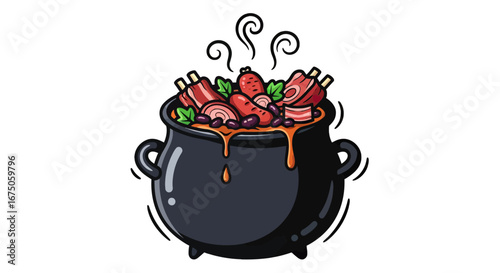 Steaming black cauldron overflowing with a hearty cartoon stew of pork ribs, sausage, and beans.