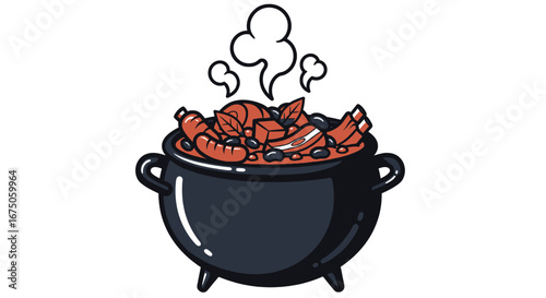 Steaming black cauldron of hearty Brazilian feijoada with pork ribs and sausage.