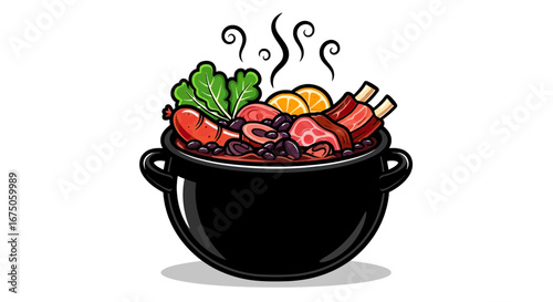 Steaming Feijoada Stew Pot with Black Beans, Meats, Sausage, Greens, and Orange Slices