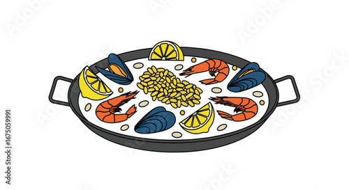 Colorful Paella Illustration with Seafood, Rice, and Lemon Slices in a Pan