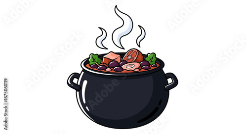Hearty Stew in a Black Pot with Steaming Wisps