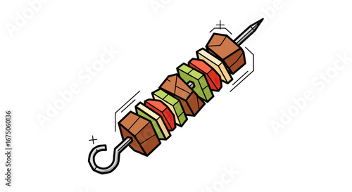 Grilled shish kebab with meat, pepper, and onion on a metal skewer. A colorful, stylized cartoon illustration with bold outlines.