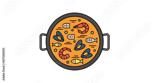 Flat Illustration of a Delicious Seafood Paella in a Traditional Pan