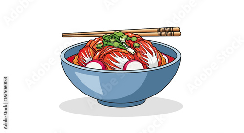 Vibrant cartoon bowl of spicy Korean kimchi with radishes, green onions, and chopsticks.