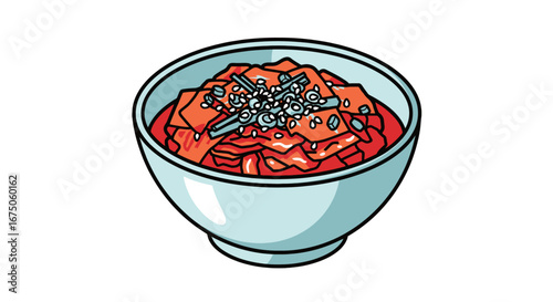 Vibrant cartoon bowl of traditional Korean kimchi garnished with scallions and sesame seeds.