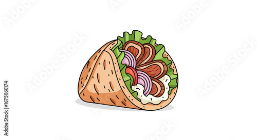 Colorful cartoon illustration of a Greek gyro pita wrap with meat, lettuce, onion, and sauce.