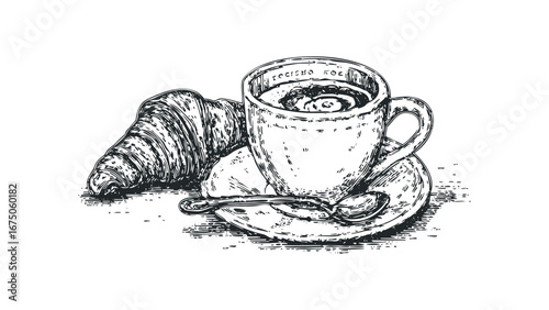 Espresso cup and croissant on saucer with spoon. Vector hand drawn illustration