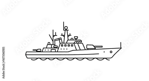 Stylized Line Art Illustration of a Modern Warship with Cannons