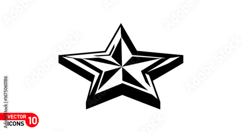 Graphic black and white five-pointed star with a 3D effect and sharp, angular facets.